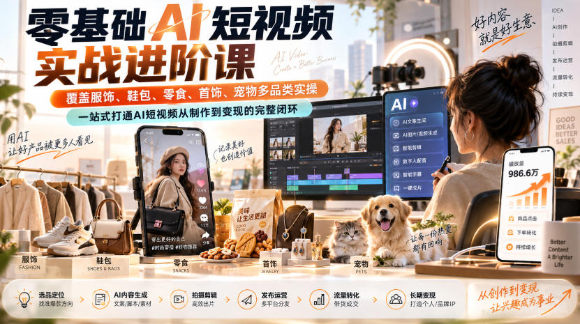 零基础AI短视频实战进阶课，覆盖服饰、鞋包、零食、首饰、宠物多品类实操，一站式打通AI短视频从制作到变现的完整闭环-藏宝阁