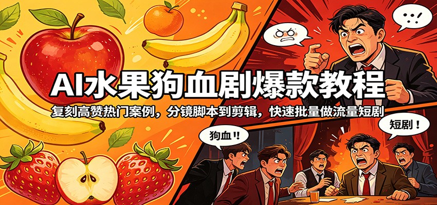 AI水果狗血剧爆款教程：复刻高赞热门案例，分镜脚本到剪辑，快速批量做流量短剧-藏宝阁