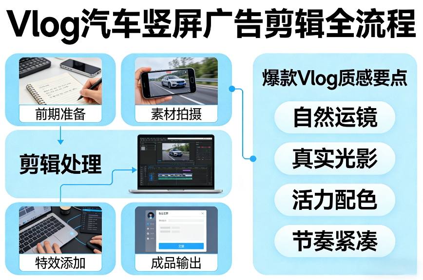 Vlog感觉汽车竖屏广告剪辑脚本全流程，拿捏爆款Vlog质感-藏宝阁