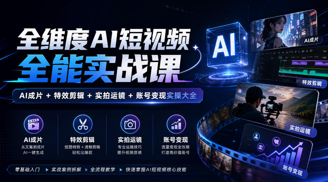全维度AI短视频全能实战课，AI成片+特效剪辑+实拍运镜+账号变现实操大全-藏宝阁