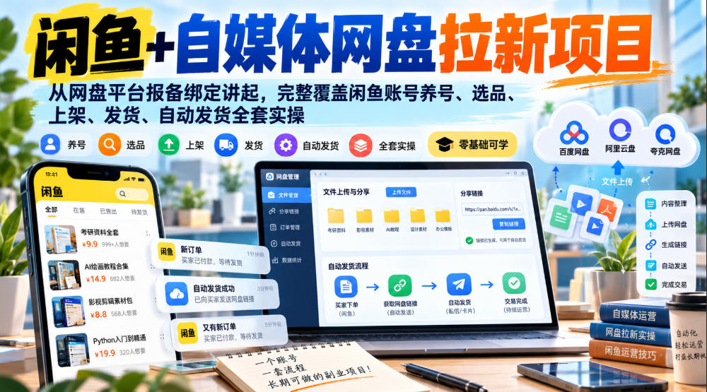 闲鱼+自媒体网盘拉新项目，从网盘平台报备绑定讲起，完整覆盖闲鱼账号养号、选品、上架、发货、自动发货全套实操-藏宝阁