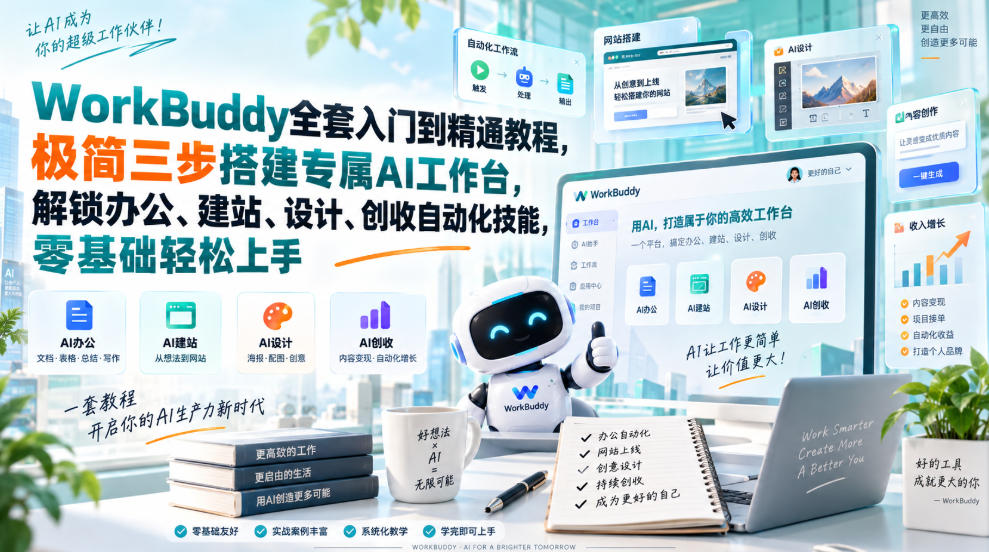 WorkBuddy全套入门到精通教程，极简三步搭建专属AI工作台，解锁办公、建站、设计、创收自动化技能，零基础轻松上手-藏宝阁