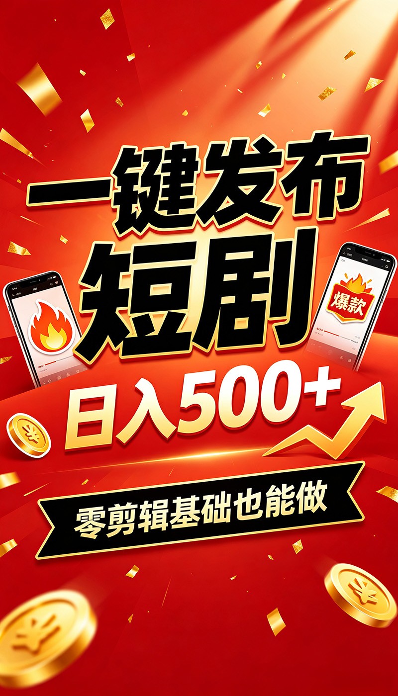 快手短剧一键发布，不用剪辑操作简单，副业日入500+。空闲时间轻松赚收益-藏宝阁