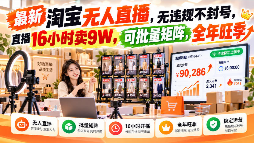 最新淘宝无人直播，无违规不封号，直播16小时卖9W，可批量矩阵，全年旺季【揭秘】-藏宝阁