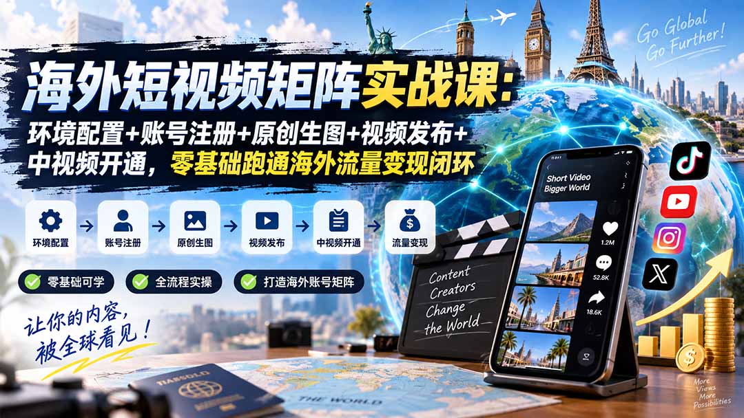 海外短视频矩阵实战课：环境配置+账号注册+原创生图+视频发布+中视频开通，零基础跑通海外流量变现闭环-藏宝阁