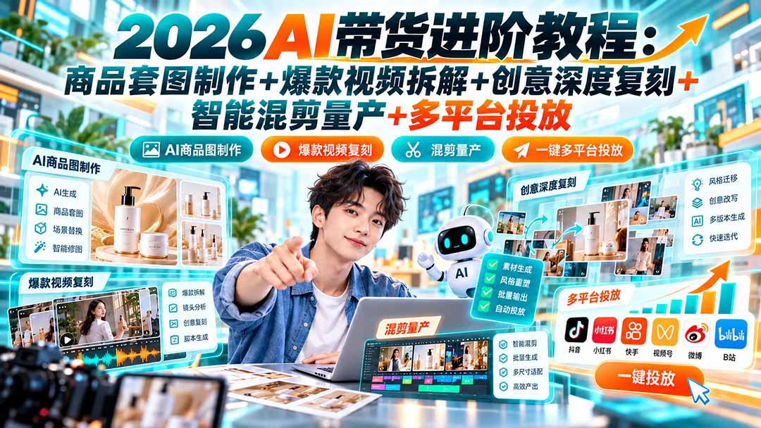 2026AI带货进阶教程：商品套图制作+爆款视频拆解+创意深度复刻+智能混剪量产+多平台投放-藏宝阁