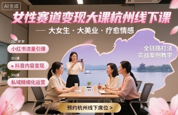 女性赛道变现大课杭州线下，大女生，大美业，疗愈情感，一套小红书、抖音、私域全链路打法-藏宝阁