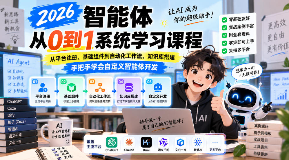 2026智能体从0到1系统学习课程，从平台注册、基础组件到自动化工作流、知识库搭建，手把手学会自定义智能体开发-藏宝阁