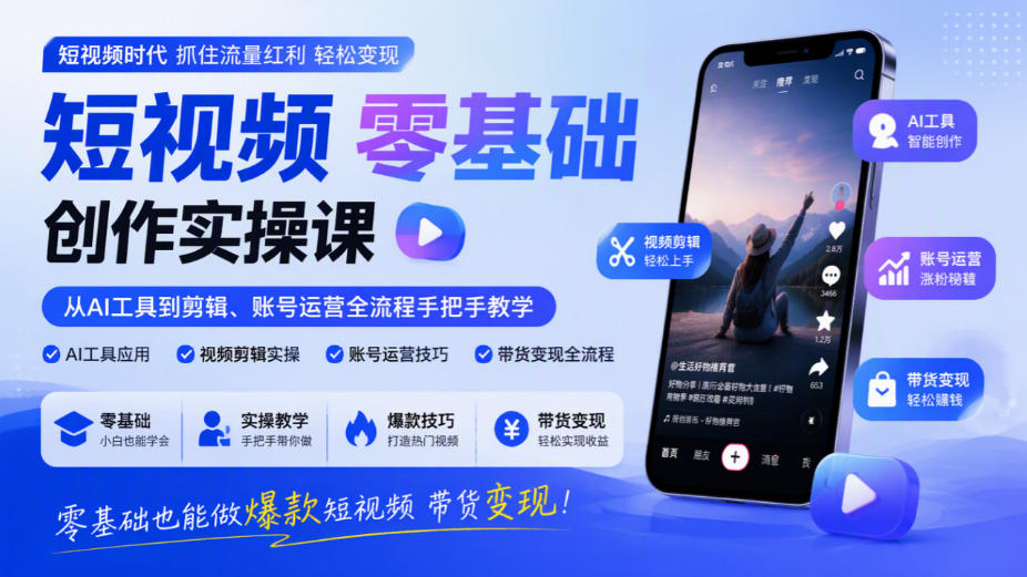 短视频零基础创作实操课，从AI工具到剪辑、账号运营全流程手把手教学，零基础也能做爆款短视频带货变现-藏宝阁