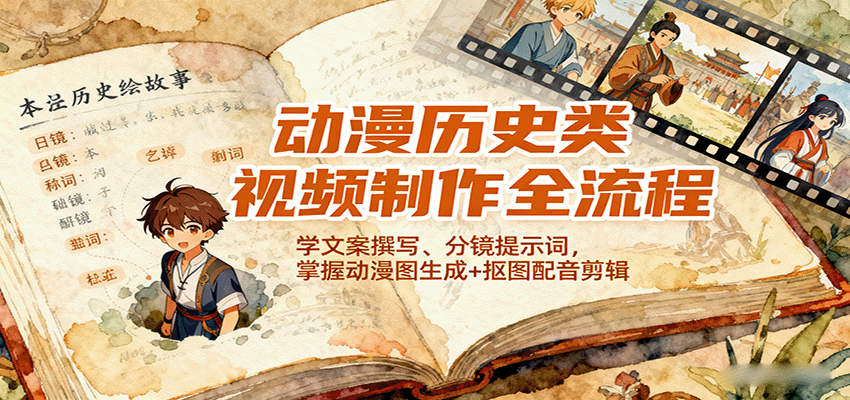 动漫历史类视频制作全流程，学文案撰写、分镜提示词，掌握动漫图生成+抠图配音剪辑-藏宝阁