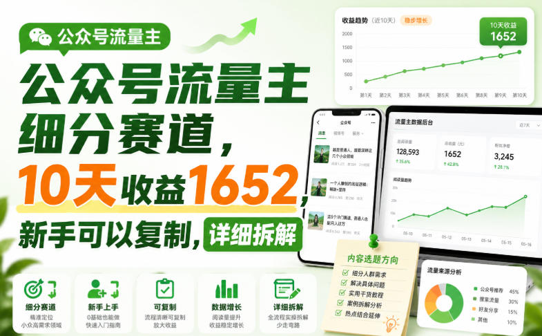 公众号流量主细分赛道，10天收益1652，新手可以复制，详细拆解-藏宝阁