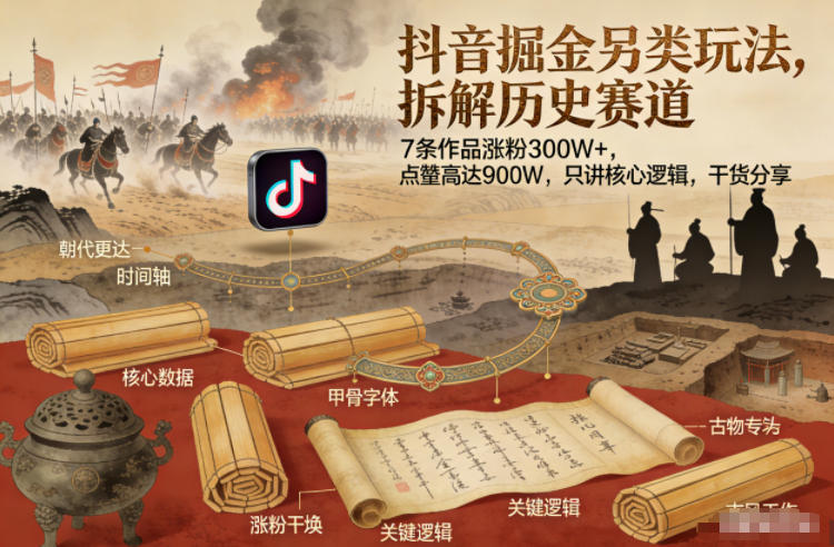 抖音掘金另类玩法，拆解历史赛道，7条作品涨粉300W+，点赞量高达900W，只讲核心逻辑，干货分享-藏宝阁