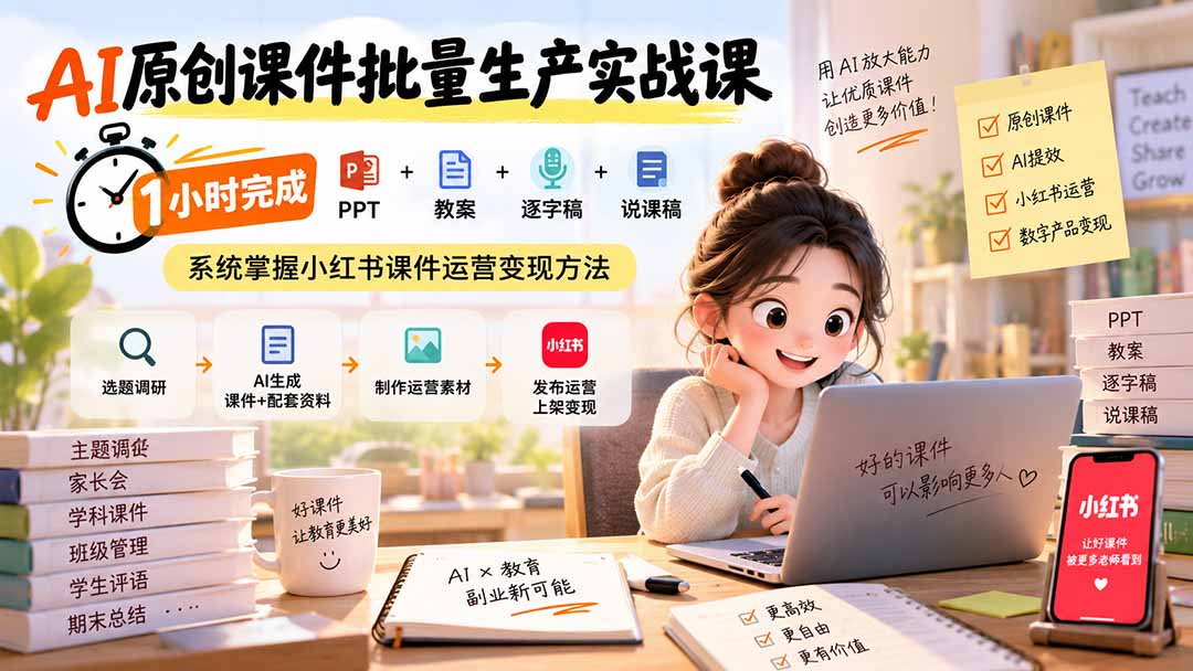 AI原创课件批量生产实战课：1小时完成PPT+教案+逐字稿+说课稿，系统掌握小红书课件运营变现方法-藏宝阁