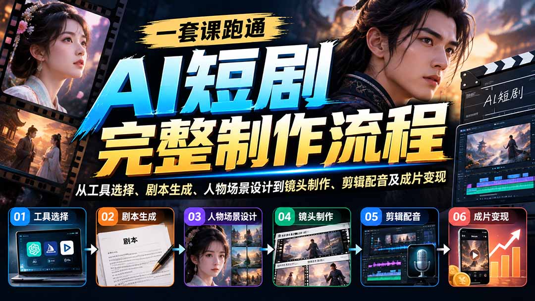 一套课跑通AI短剧完整制作流程：从工具选择、剧本生成、人物场景设计到镜头制作、剪辑配音及成片变现-藏宝阁