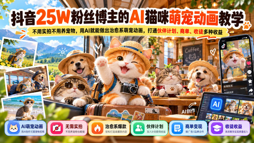 抖音25W粉丝博主的AI猫咪萌宠动画教学，不用实拍不用养宠物，用AI就能做出治愈系萌宠动画，打通伙伴计划、商单、收徒多种收益-藏宝阁