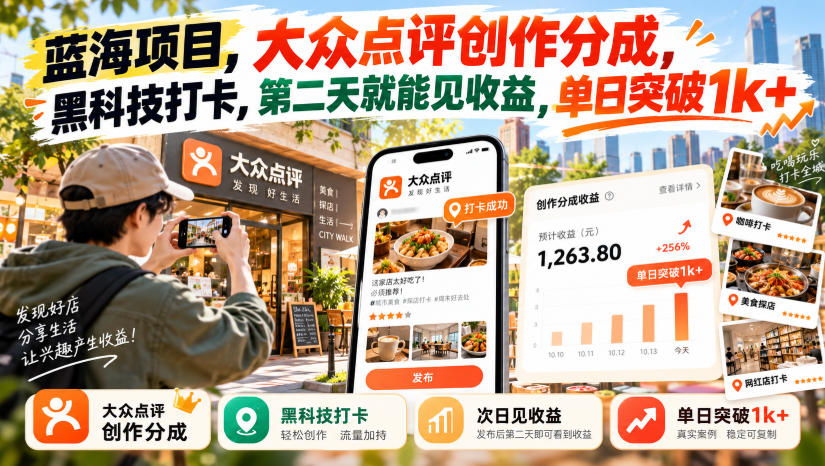 蓝海项目，大众点评创作分成，黑科技打卡，第二天就能见收益，单日突破1k+【揭秘】-藏宝阁