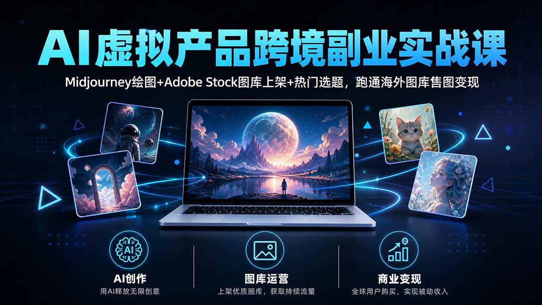 AI虚拟产品跨境副业实战课｜Midjourney绘图+Adobe Stock图库上架+热门选题，跑通海外图库售图变现-藏宝阁