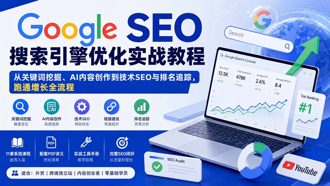 Google SEO搜索引擎优化实战教程：从关键词挖掘、AI内容创作到技术SEO与排名追踪，跑通增长全流程-藏宝阁