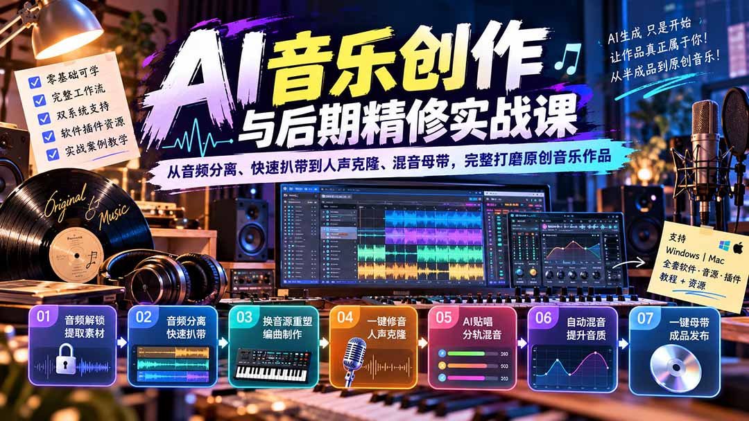 AI音乐创作与后期精修实战课：从音频分离、快速扒带到人声克隆、混音母带，完整打磨原创音乐作品-藏宝阁