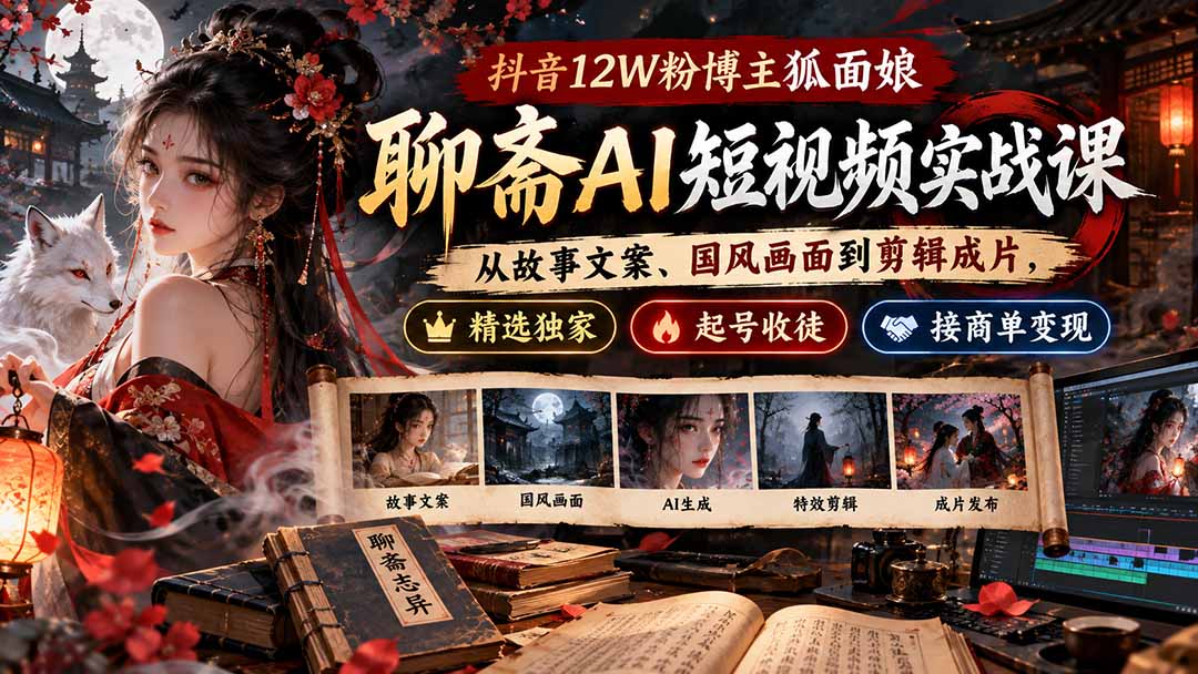 抖音12W粉博主狐面娘-聊斋AI短视频实战课：从故事文案、国风画面到剪辑成片，精选独家+起号收徒+接商单变现-藏宝阁