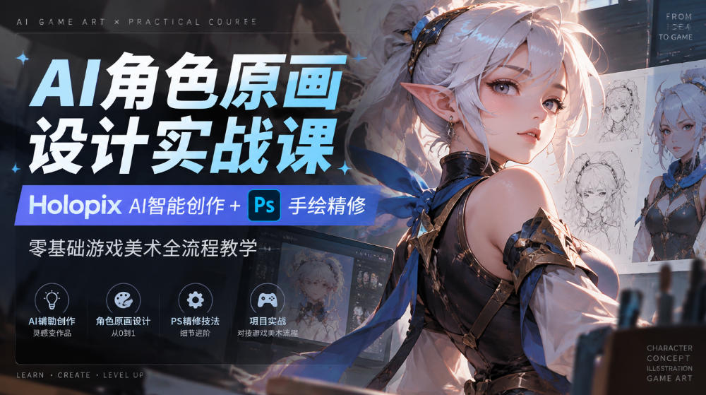 AI角色原画设计实战课｜Holopix AI智能创作+PS手绘精修，零基础游戏美术全流程教学-藏宝阁