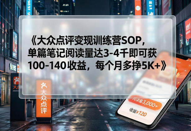 大众点评变现训练营SOP，单篇笔记阅读量达3-4千即可获100-140收益，每个月多挣5K+-藏宝阁