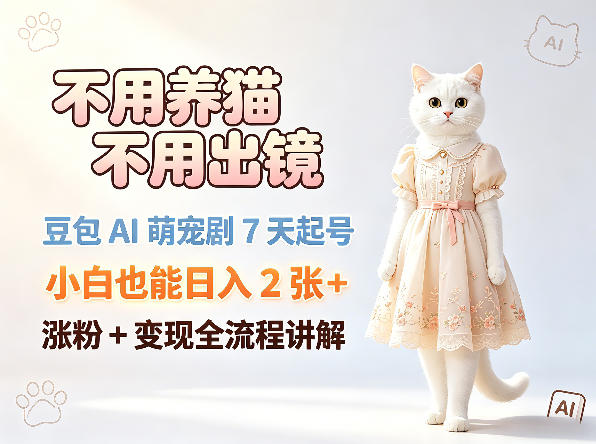 不用养猫不用出镜，豆包AI萌宠剧7天起号，小白也能日入2张+，涨粉+变现全流程讲解-藏宝阁