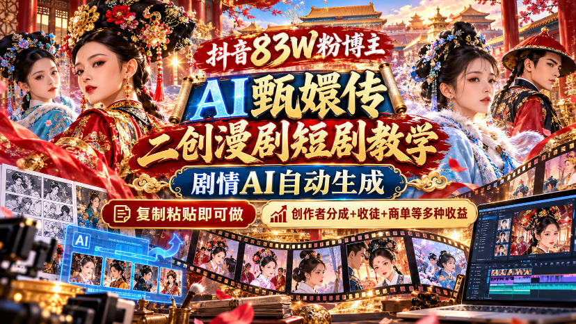 抖音83W粉博主AI甄嬛传二创漫剧短剧教学｜剧情AI自动生成，复制粘贴即可做，各大平台创作者分成+收徒等多种收益-藏宝阁