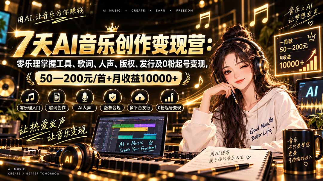 AI音乐创作变现营：零乐理掌握工具、歌词、人声、版权、发行及0粉起号变现，50—200元/首+月收益10000+-藏宝阁