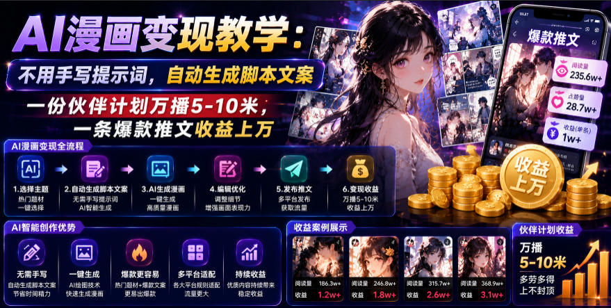 AI漫画变现教学：不用手写提示词，自动生成脚本文案，一份伙伴计划万播5-10米，一条爆款推文收益上W-藏宝阁