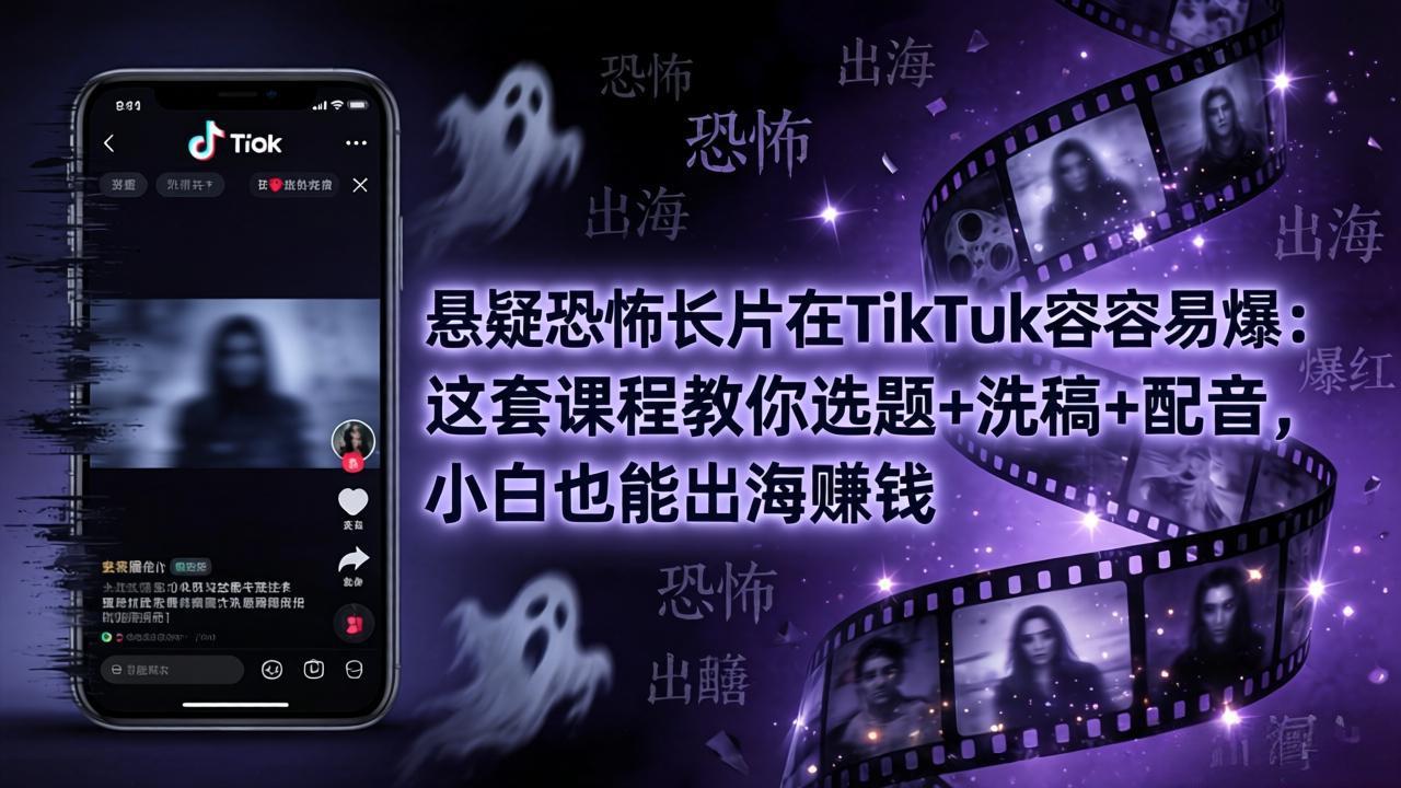 悬疑恐怖长片在TikTok最容易爆：这套课程教你选题+洗稿+配音，小白也能出海赚钱-藏宝阁