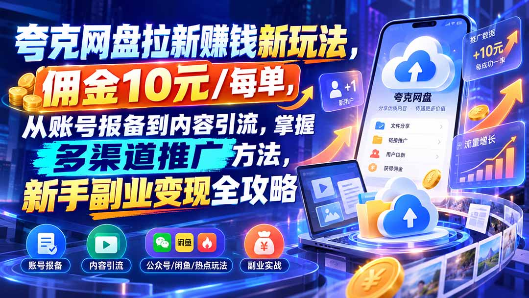 夸克网盘拉新赚钱新玩法，佣金10元/每单，从账号报备到内容引流，掌握多渠道推广方法，新手副业变现全攻略-藏宝阁
