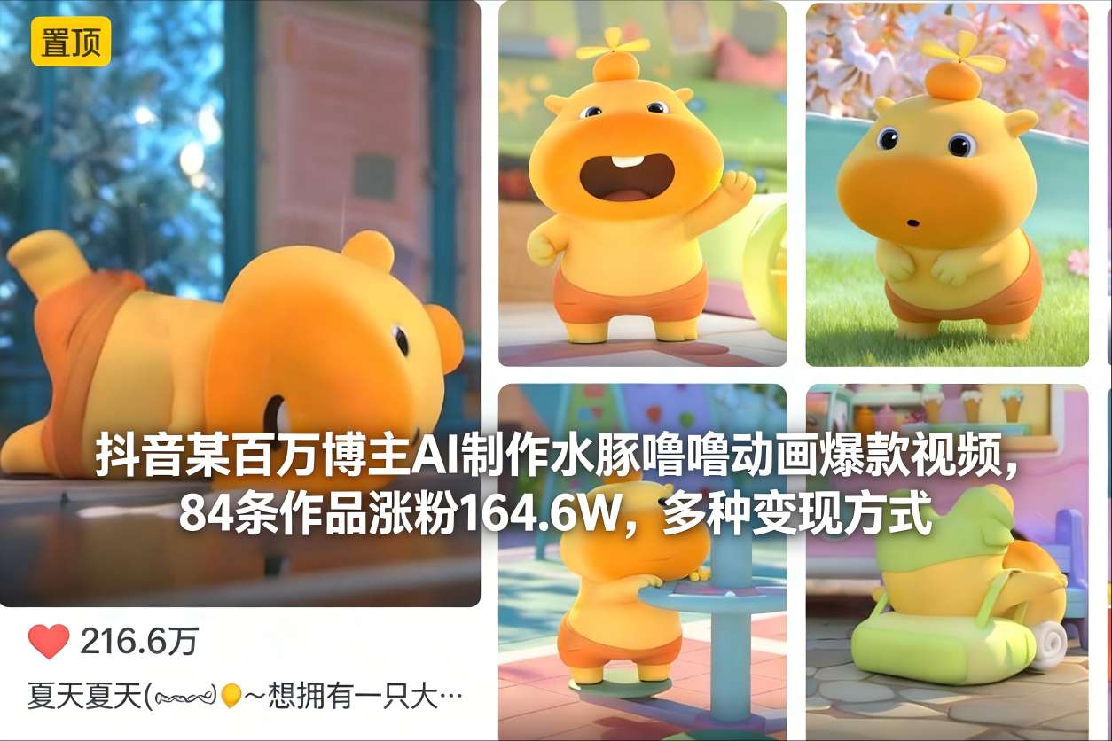 抖音某百万博主AI制作水豚噜噜动画爆款视频，84条作品涨粉164.6W，多种变现方式-藏宝阁