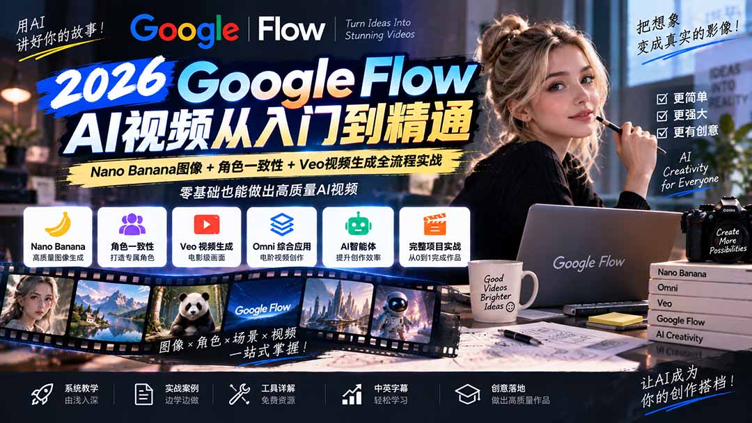 【无水印】Google Flow AI视频从入门到精通：Nano Banana图像+角色一致性+Veo视频生成全流程实战-精翻中英字幕-藏宝阁