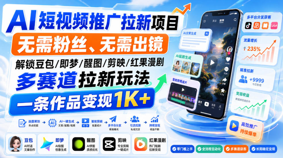 AI短视频推广拉新项目，无需粉丝、无需出镜，解锁豆包/即梦/醒图/剪映/红果漫剧多赛道拉新玩法，一条作品变现1K+-藏宝阁