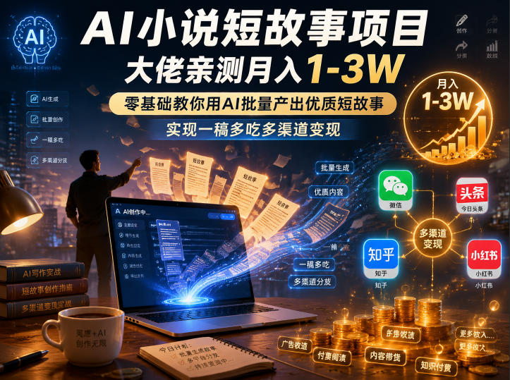 AI小说短故事项目，大佬亲测月入1-3W，零基础教你用AI批量产出优质短故事，实现一稿多吃多渠道变现(更新0824)-藏宝阁