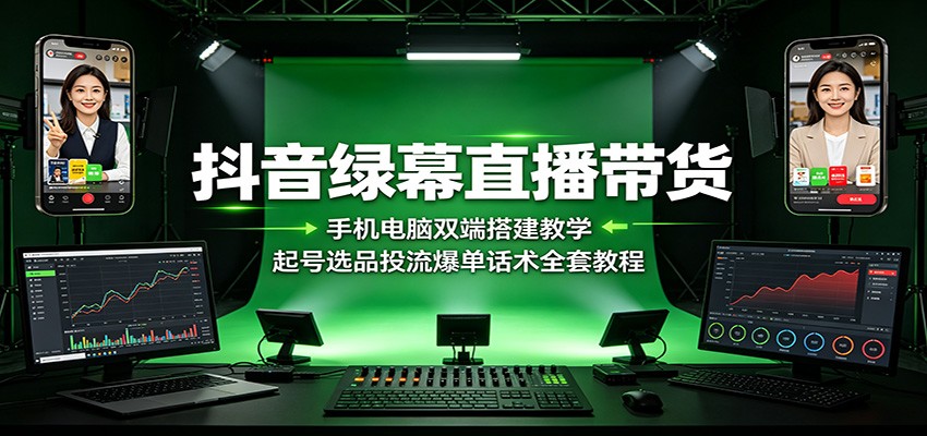 抖音绿幕直播带货：手机电脑双端搭建教学，起号选品投流爆单话术全套教程-藏宝阁