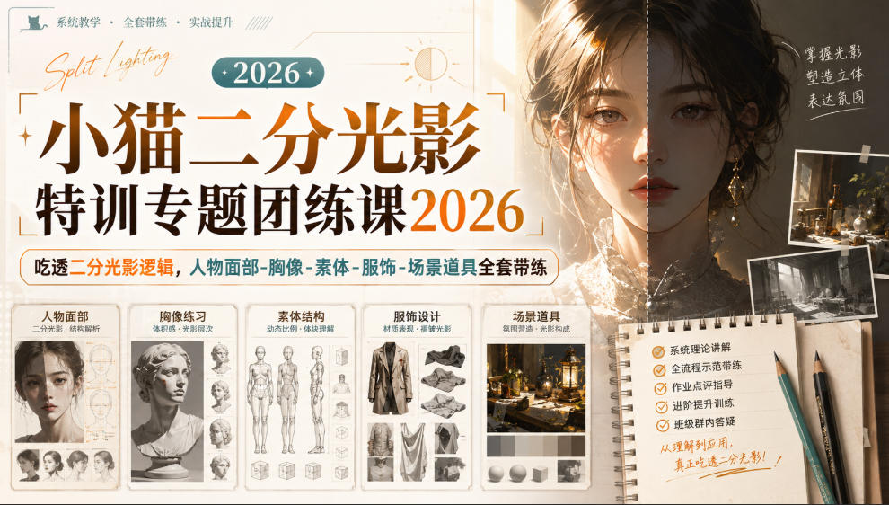小猫二分光影特训专题团练课2026｜吃透二分光影逻辑，人物面部‑胸像‑素体‑服饰‑场景道具全套带练，高清画质附赠课件与笔刷-藏宝阁