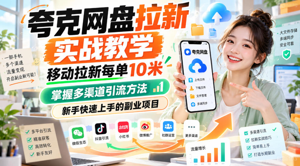夸克网盘拉新实战教学，移动拉新每单10米，掌握多渠道引流方法，新手快速上手的副业项目-藏宝阁