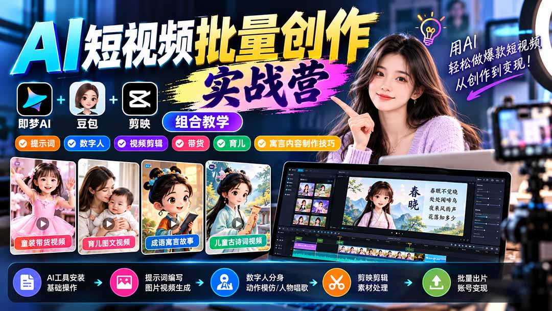 【无水印】AI短视频批量创作实战营：即梦+豆包+剪映组合教学，提示词/数字人/视频剪辑/带货/育儿/寓言内容制作技巧-藏宝阁
