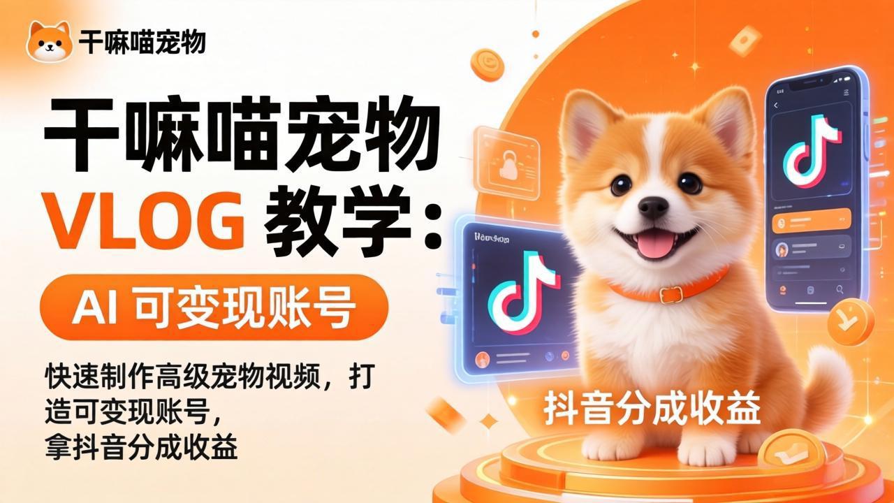 干嘛喵宠物 VLOG 教学：AI 快速制作高级宠物视频，打造可变现账号，拿抖音分成收益-藏宝阁