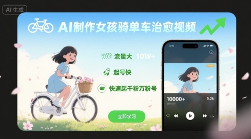 AI制作女孩骑单车治愈视频，流量大，起号快，快速起千粉万粉号-藏宝阁