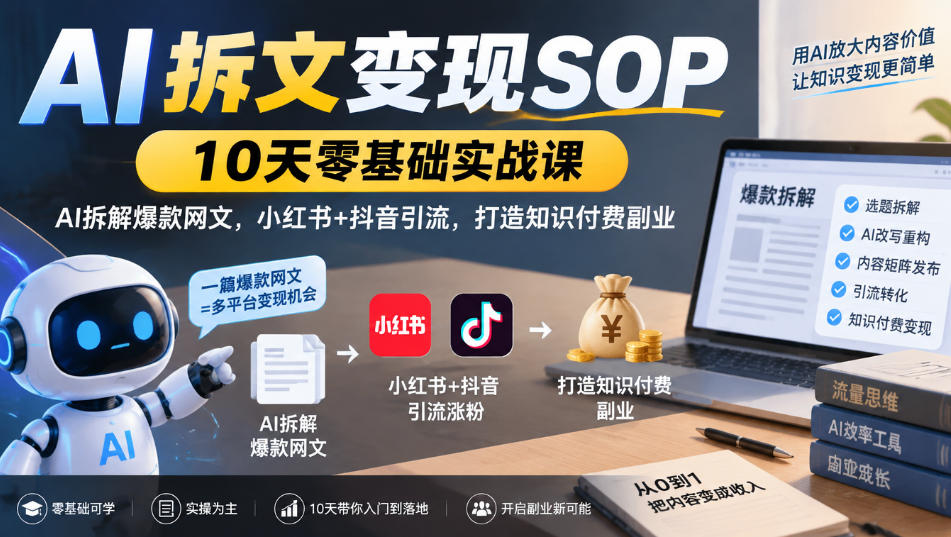 AI拆文变现SOP｜10天零基础实战课，AI拆解爆款网文，小红书+抖音引流，打造知识付费副业-藏宝阁