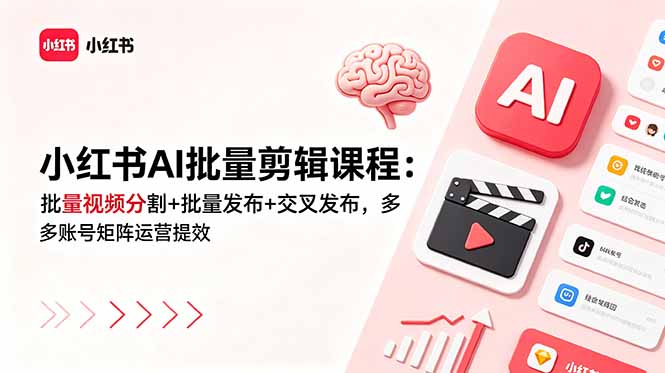 小红书AI批量剪辑课程：批量视频分割+批量发布+交叉发布，多账号矩阵运营提效-藏宝阁