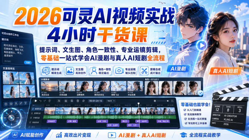 2026可灵AI视频实战4小时干货课｜提示词、文生图、角色一致性、专业运镜剪辑，零基础一站式学会AI漫剧与真人AI短剧全流程-藏宝阁