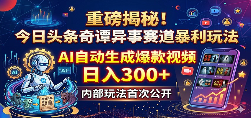 重磅揭秘！今日头条奇谭异事赛道暴利玩法：AI自动生成爆款视频，日入300+-藏宝阁