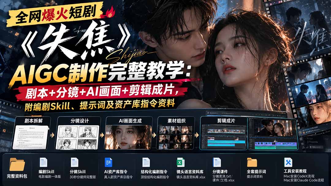 全网爆火短剧《失焦》AIGC制作完整教学：剧本+分镜+AI画面+剪辑成片，附编剧Skill、提示词及资产库指令资料-藏宝阁