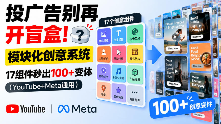 投广告别再开盲盒！模块化创意系统，17组件秒出100+变体(YouTube+Meta通用)【原创双语字幕】-藏宝阁