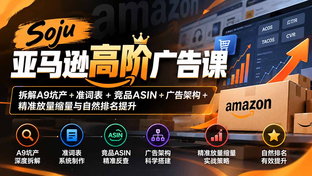Soju亚马逊高阶广告课：拆解A9坑产+准词表+竞品ASIN+广告架构+精准放量缩量与自然排名提升-藏宝阁