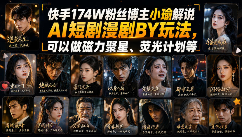 快手174W粉丝博主小瑜解说AI短剧漫剧搬运玩法，可以做磁力聚星、荧光计划等-藏宝阁